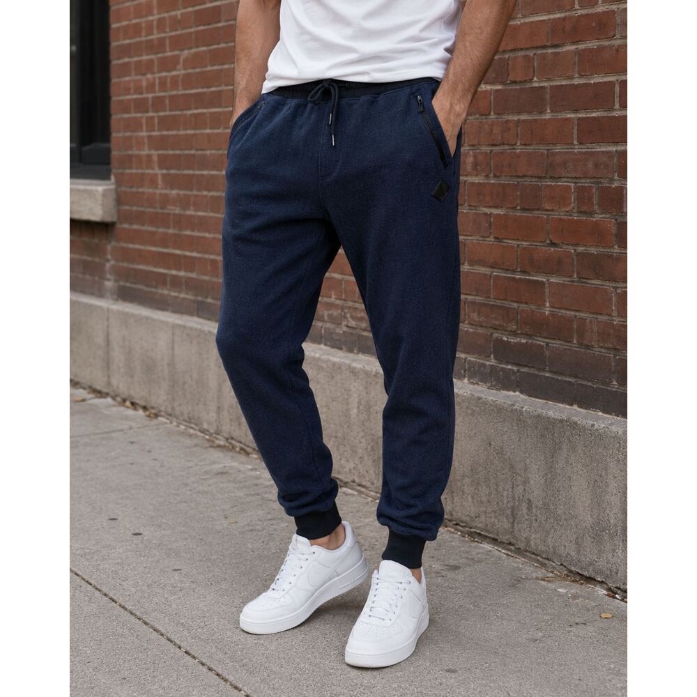 Hollister Navy Herringbone Fleece Jogger Zip Pockets Ribbed Cuff Men Med
